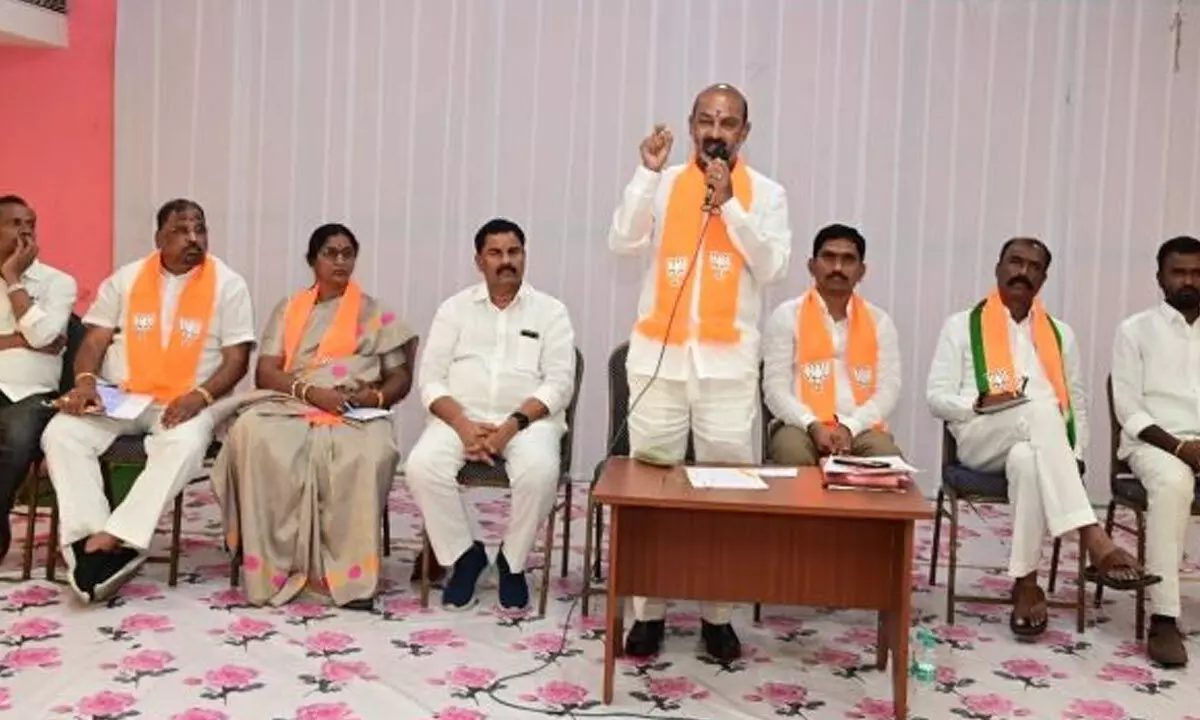 MP Bandi Sanjay Kumar speaking at a BJP meeting in Karimnagar on Tuesday