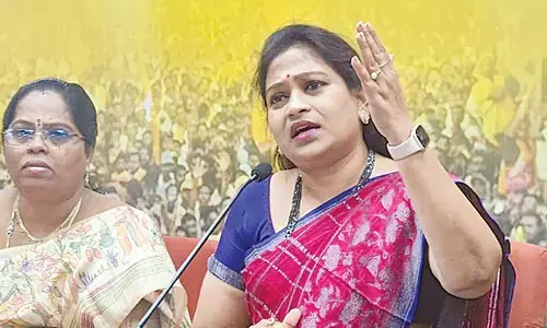 TDP women wing state president V Anitha addressing the media in Visakhapatnam on Tuesday