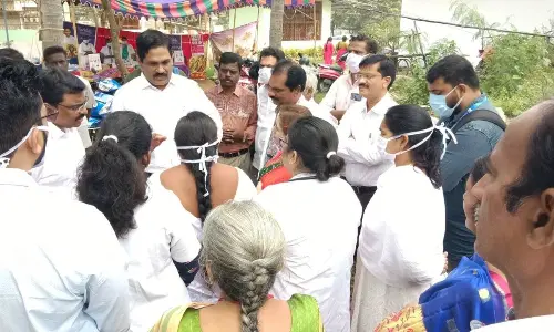 Special chief secretary MT Krishna Babu speaking to medical and health department staff at Peda Maddali on Tuesday