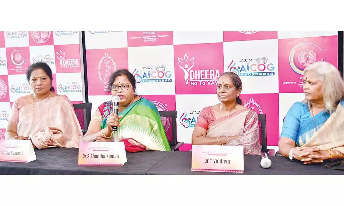 Prof. S Shantha Kumari (2nd from left), Hon Treasurer FIGO; Immediate Past President FOGSI & Organising Chairperson & President OGSH; releasing brochure of the 66th All India Congress of Obstetrics and Gynaecology 2024 at Hyderabad. (L-R) Dr Aruna Suman B, Dr Vindhya T, & Dr Jamuna Devi