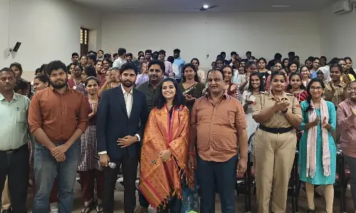UPSC ranker Komal Jain being felicitated by Takshasila IAS Academy director B S N Durga Prasad, faculty and students at the Academy in Vijayawada on Saturday