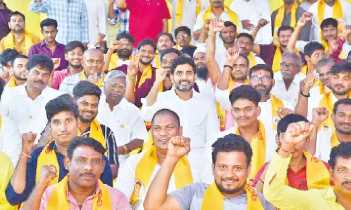 TDP national general secretary Nara Lokesh along with leaders and activists of various parties who joined the TDP in Mangalagiri on Sunday