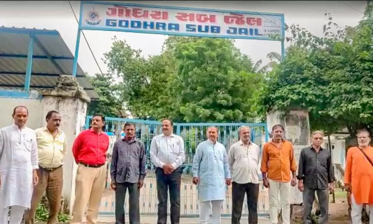 A file photo of people convicted for rape and murder in the Bilkis Bano case of the 2002 post-Godhra riots, come out of the Godhra sub-jail after the Gujarat government allowed their release under its remission policy