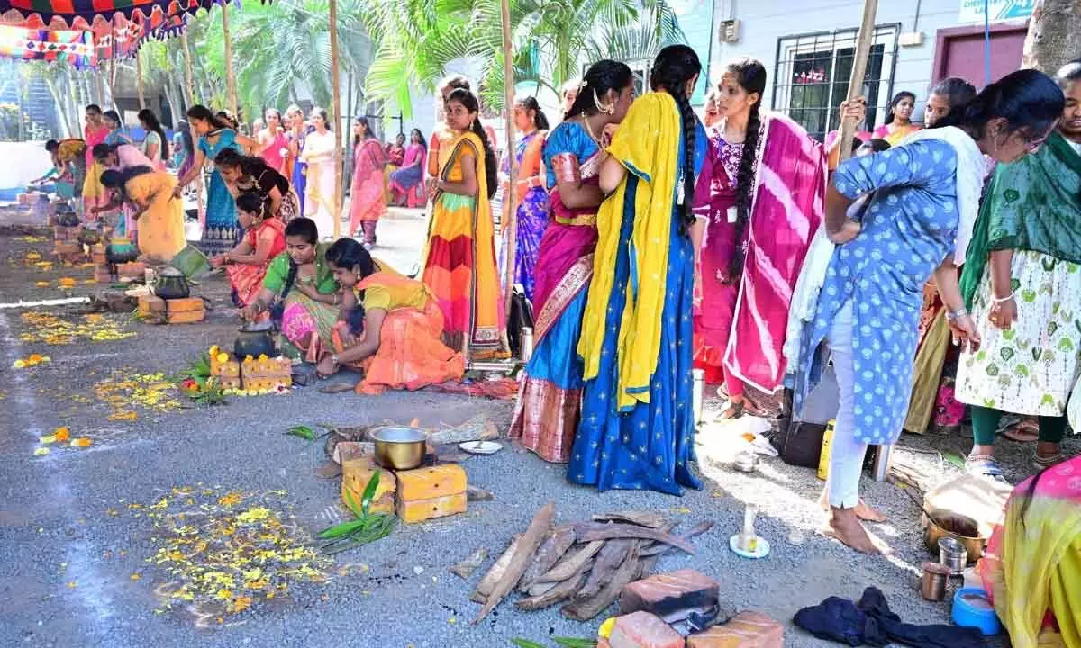 Students taking part in Sankranti celebrations at the International School of Technology and Science (ISTS) for Women, Rajamahendravaram