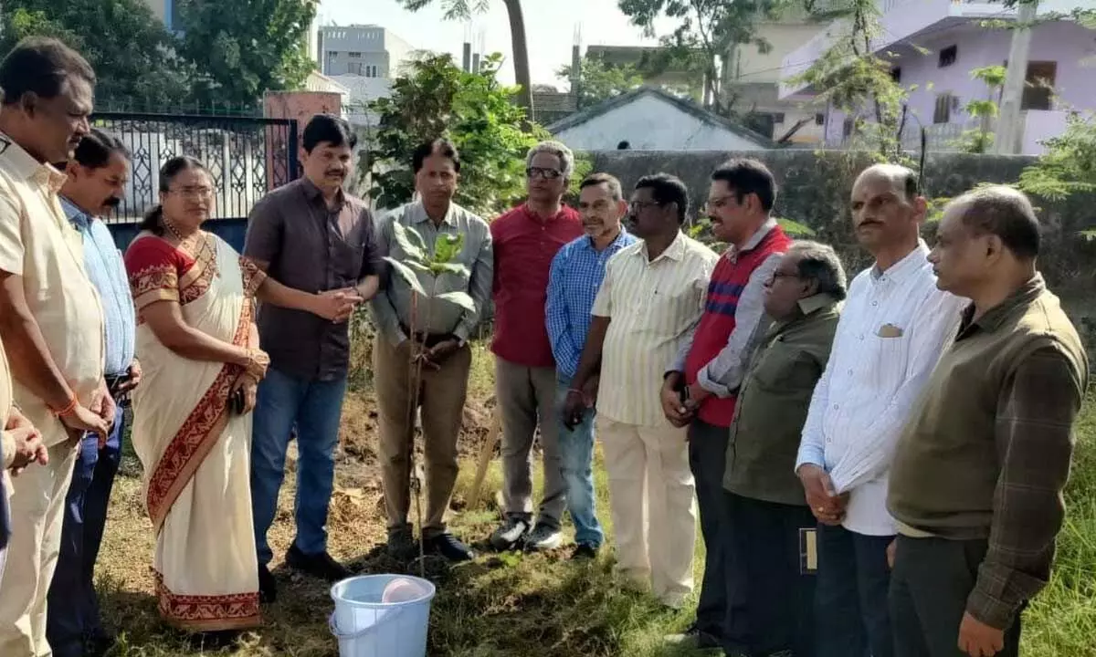 Paryavarana Parirakshana Ikya Vedika members planting a sapling at the Kadipikonda High School near Kazipet on Monday