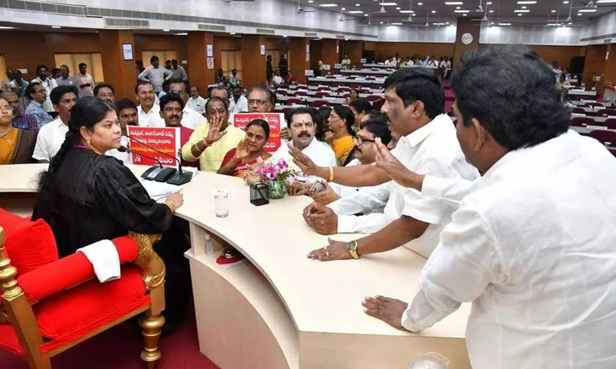 A heated argument witnessing between the YSRCP and Opposition party members at the GVMC budget meeting held in Visakhapatnam on Tuesday