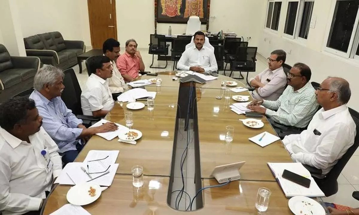TTD JEO Veerabrahmam holding a meeting with officials in Tirupati on Tuesday