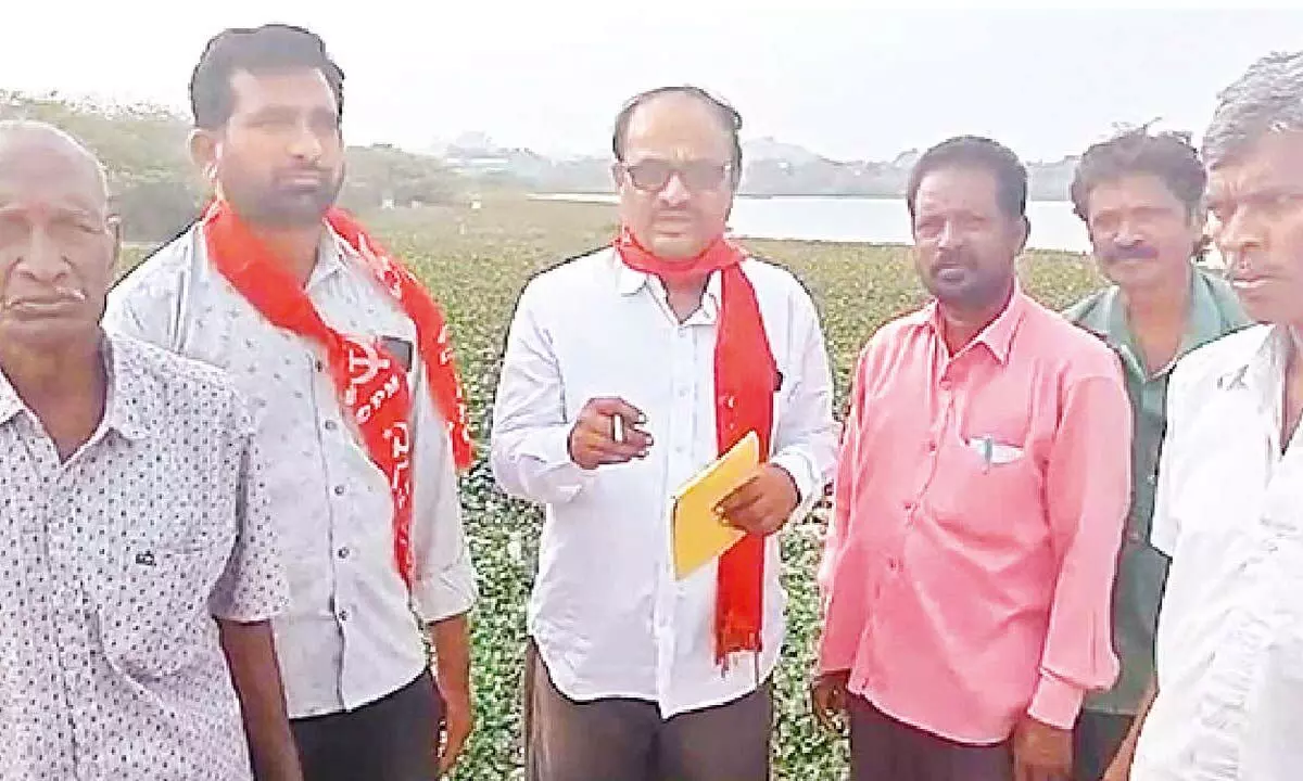 CPM delegation led by M Chukkaiah taking note of lakes and their maintenance in Kazipet mandal in Hanumakonda district on Tuesday