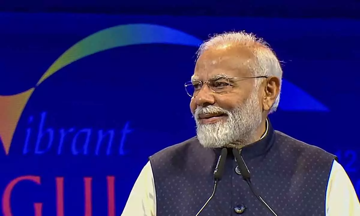 Prime Minister Narendra Modi addresses during the Vibrant Gujarat Global Summit 2024, in Gandhinagar on Wednesday