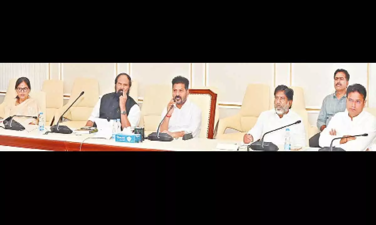 Chief Minister Revanth Reddy along with Deputy Chief Minister Bhatti Vikramarka, Ministers Uttam Kumar Reddy and Sridhar Babu reviewing the power sector at the Secretariat in Hyderabad on Wednesday