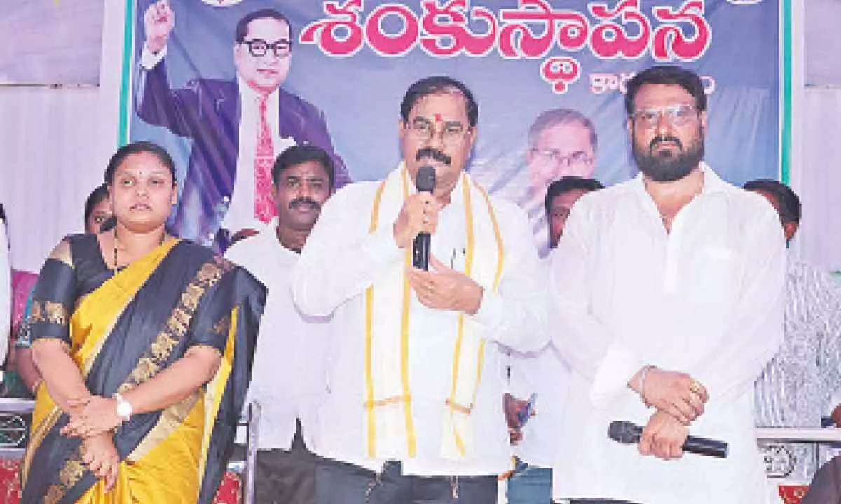 Nellore YSRCP MP and  party Rural Assembly constituency nominee Adala Prabhakara Reddy addressing a gathering after laying stone for Dr B R Ambethkar community hall in Division-33 in Nellore city on Thursday