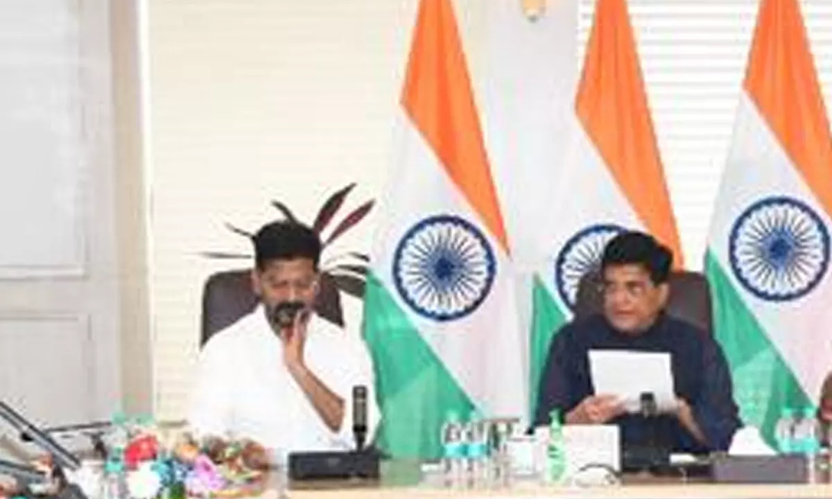Chief Minister Revanth Reddy presenting various proposals for industrial development to Union Industries and Commerce Minister Piyush Goyal in New Delhi on Saturday