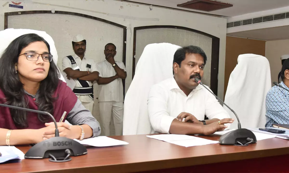 NTR district joint collector P Sampath Kumar addressing officials in Vijayawada on Tuesday