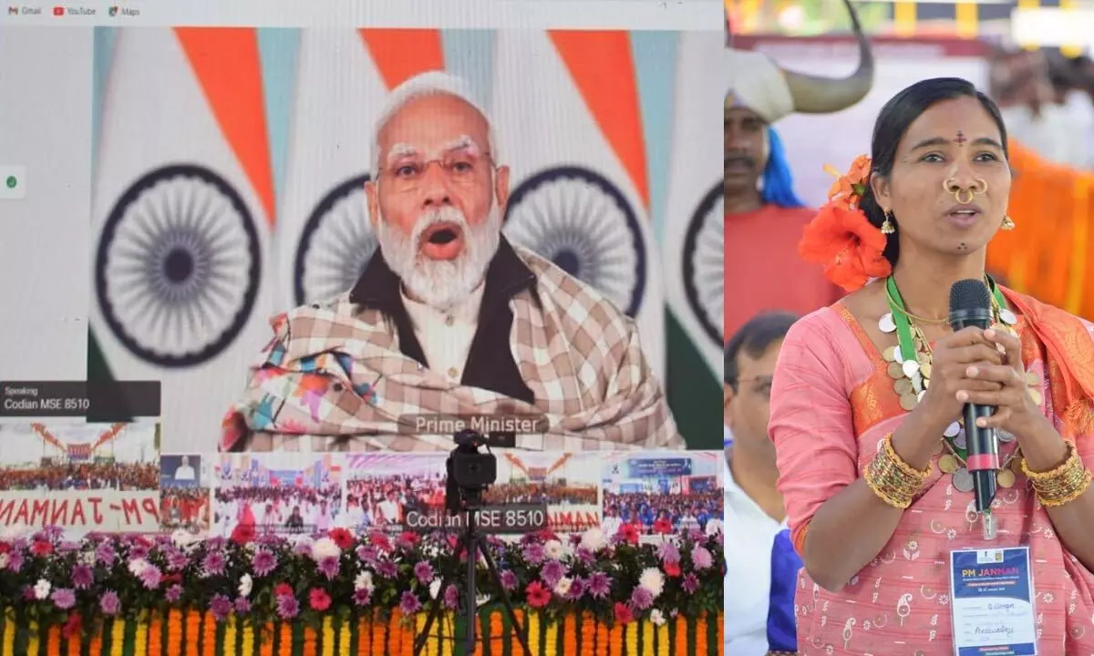 Swabi Ganga speaking with the Prime Minister Narendra Modi virtually in Paderu on Monday