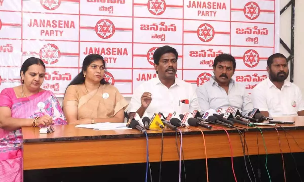 Jana Sena Party leaders speaking to media in Visakhapatnam on Friday