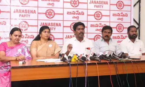 Jana Sena Party leaders speaking to media in Visakhapatnam on Friday