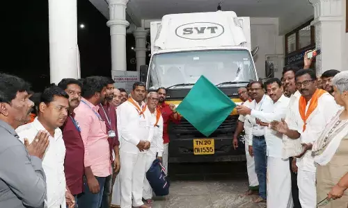 TTD Additional EO (FAC) Veerabrahmam flagging off the truck carrying laddu prasadam to be sent to Ayodhya, in Tirupati on Friday