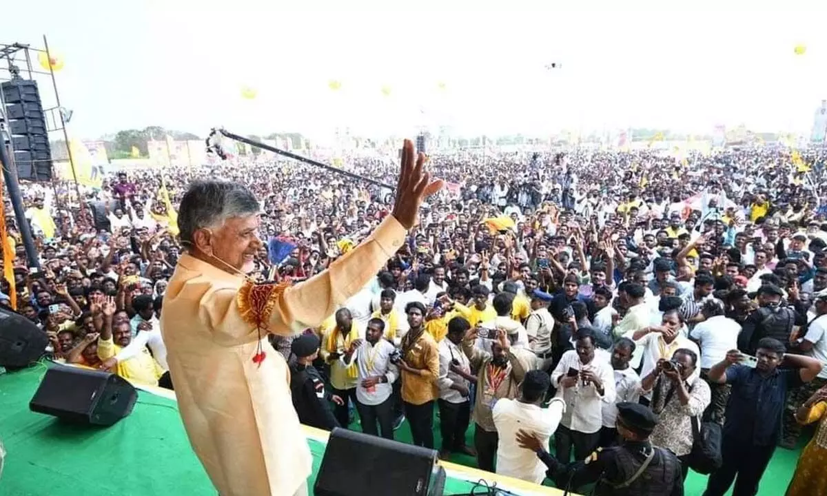 TDP national president N Chandrababu Naidu addressing a huge public meeting as part of Raa-Kadaliraa programme at Venkatagiri in Tirupati district on Friday