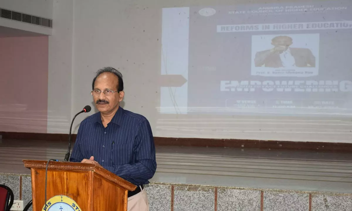 Dr Rama Mohan Rao, Vice-Chairman of the Andhra Pradesh State Council of Higher Education addressing the students at Maris Stella College in Vijayawada on Friday