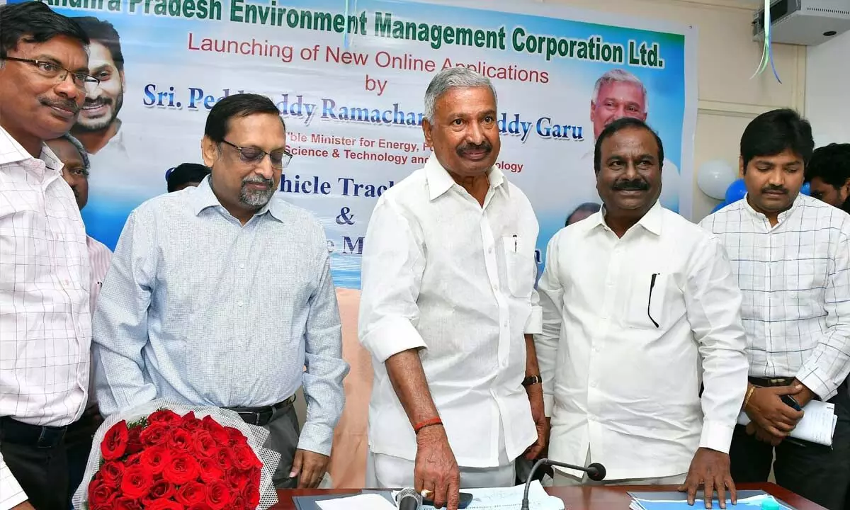 Minister for Mines and Energy Peddireddi Ramachandra Reddy launching new apps for waste management at AP  Environment Management Corporation  Ltd office in Vijayawada on Friday Photo: Ch Venkata Mastan