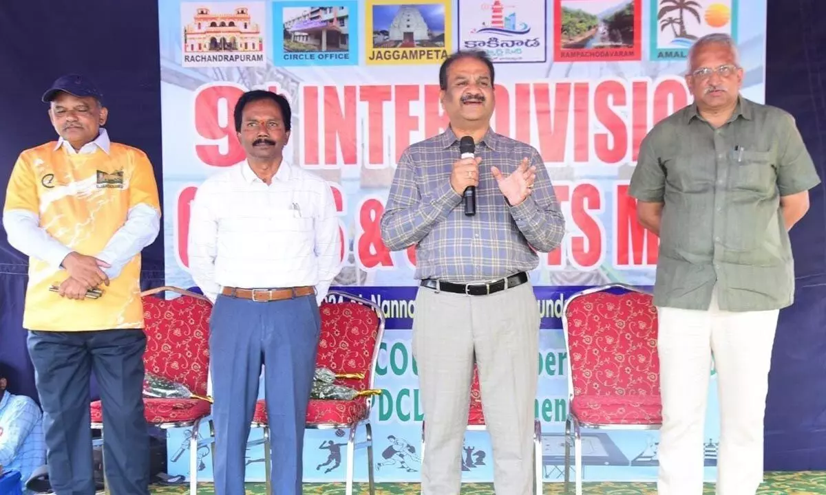 AKNU Vice-Chancellor Prof K Padma Raju speaking after inaugurating APEPDCL 9th Inter Divisional Games and Sports Meet in Rajamahendravaram on Saturday. APEPDCL officials T Murthy, Nakkapalli Samuel and Datla Sridhara Varma are also seen.