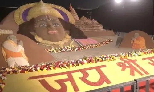 UP CM Yogi takes selfie with Lord Ram sand art at Ram Katha Park in Ayodhya