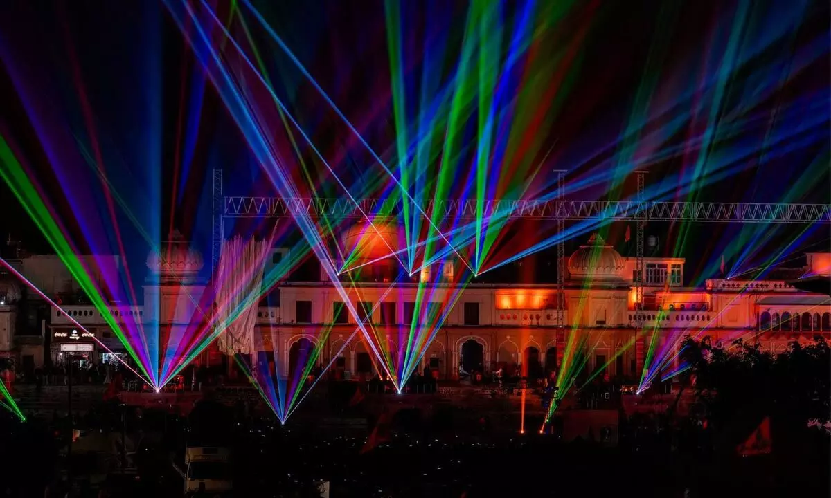 Laser show at Ram ki Paidi Saryu ghat on the eve of the consecration ceremony of Ram Mandir, in Ayodhya on Sunday