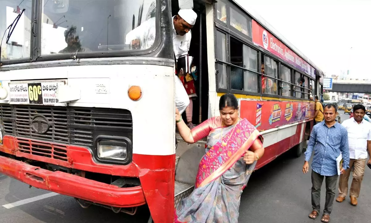 Mayor G Hari Venkata Kumari boarded a RTC bus to reach office in Visakhapatnam on Monday