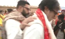 Actors Amitabh Bachchan and Abhishek Bachchan at the Shri Ram Janmabhoomi Temple in Ayodhya to attend the Ram Temple Pran Pratishtha ceremony Actors Amitabh Bachchan and Abhishek Bachchan at the Shri Ram Janmabhoomi Temple in Ayodhya to attend the Ram Temple Pran Pratishtha ceremony