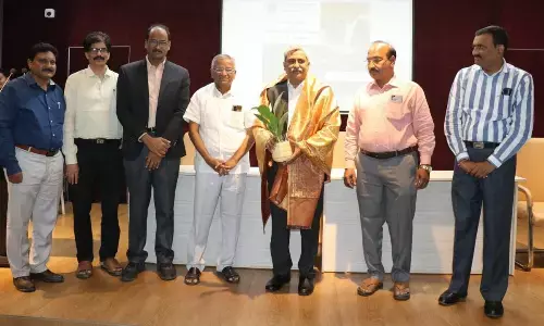 Dr Md Rahaman, Dr J Durga Prasad, Dean of Siddhartha College Prof Rajesh C Jampala, R Sambi Reddy, Dr SB Rajendra Prasad and Dr R Srinivasa Rao felicitating chairman and managing director of Coal India Limited Polavarapu Mallikarjuna Prasad at Siddhartha College in Vijayawada on Monday