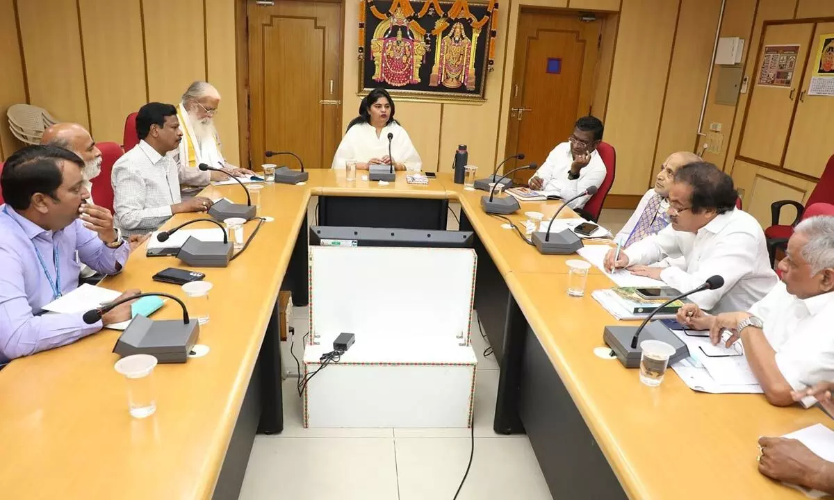 TTD JEO Sada Bhargavi holding a meeting with officials in Tirupati on Monda