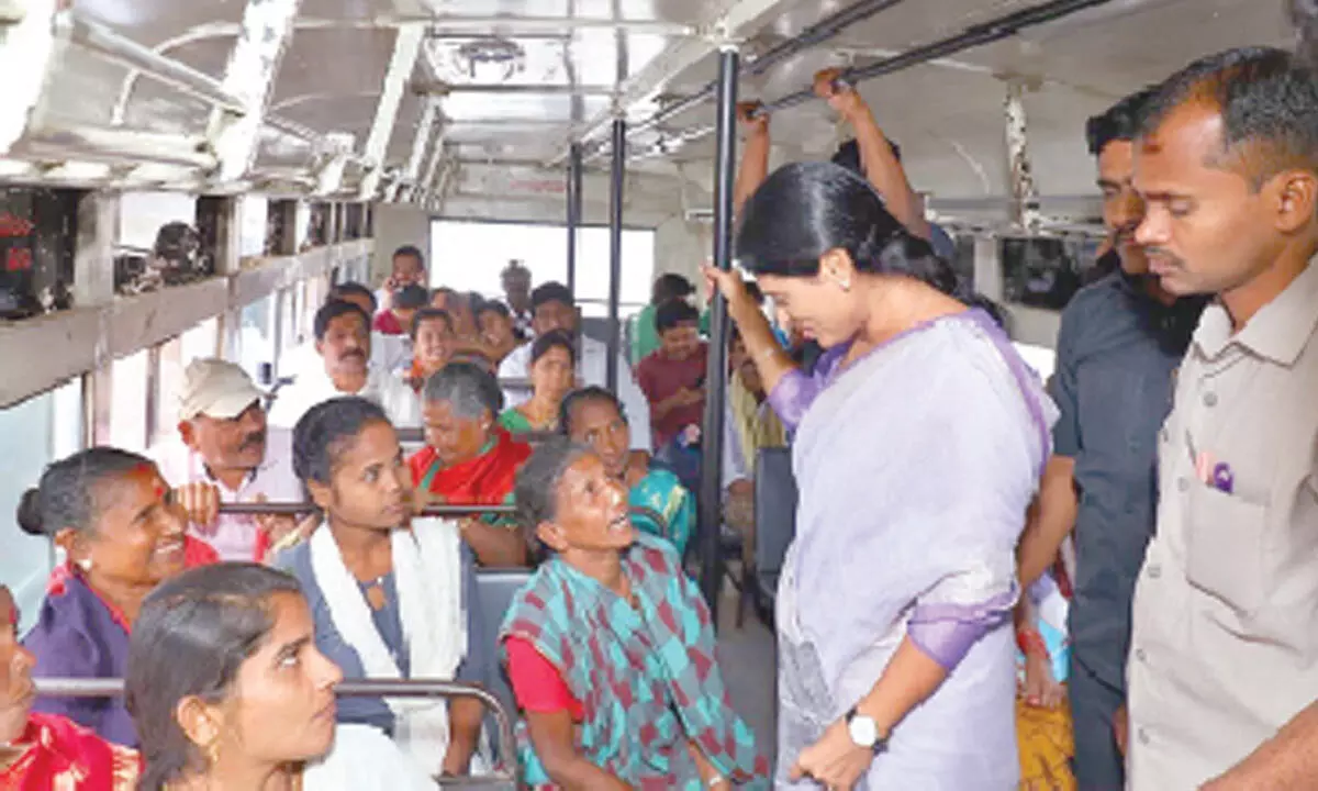 APCC president Y S Sharmila interacting with passengers while travelling on RTC bus from Kanchili to Itchapuram on Tuesday