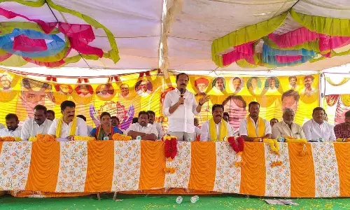 TDP Ongole parliamentary constituency president Dr Nukasani Balaji speaking at  ‘Jayaho BC’ meeting at Devarajugattu on Tuesday