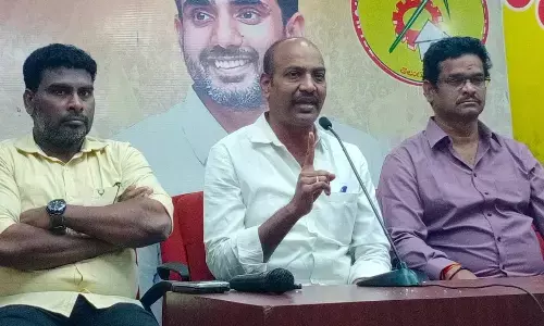 TDP MLC Vepada Chiranjeevi Rao addressing media in Visakhapatnam on Tuesday