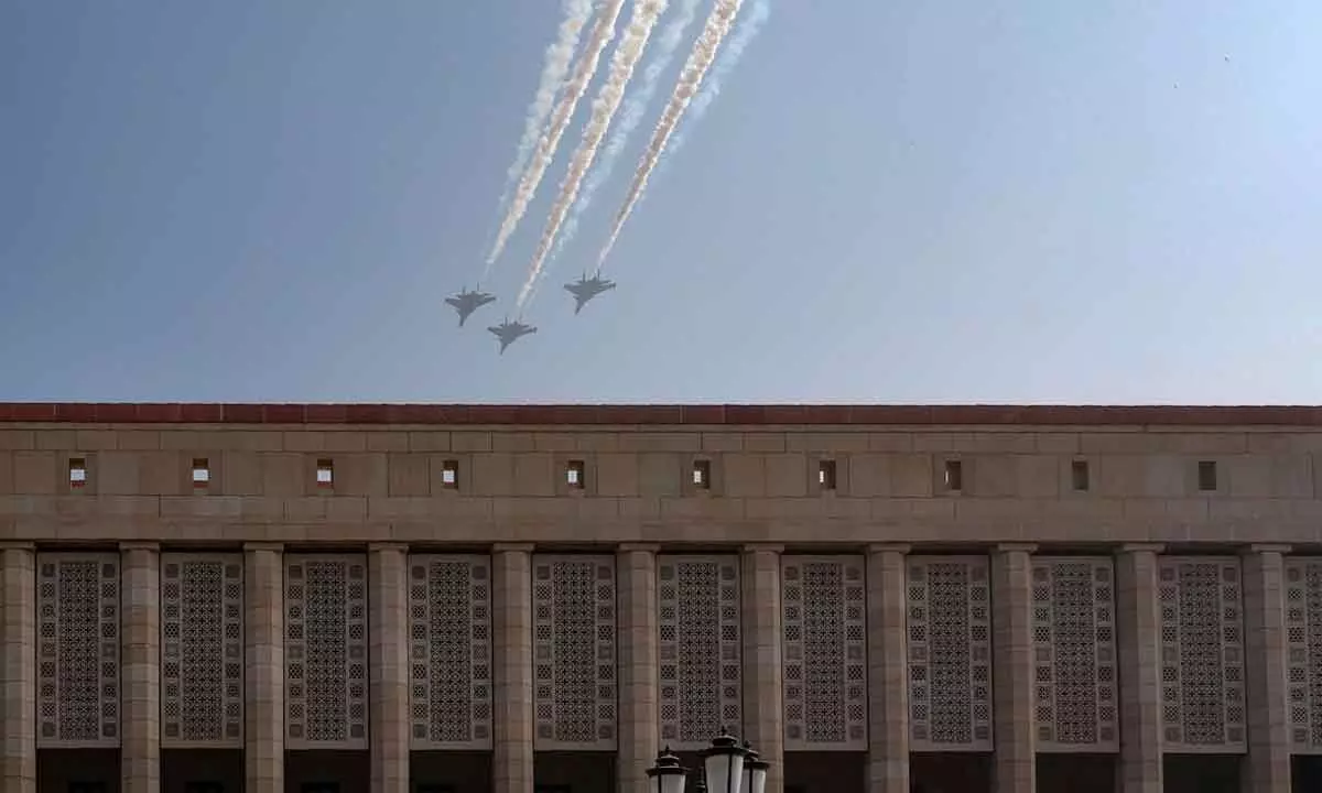 Three Su-30MKI fighter plane fly-past the Parliament House in Trident formation during the full dress rehearsal of Republic Day Parade in New Delhi on Tuesday