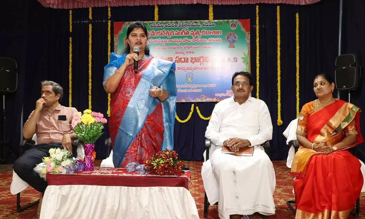 TTD JEO Sada Bhargavi addressing a meeting at SV College of Music and Dance  in Tirupati on Tuesday