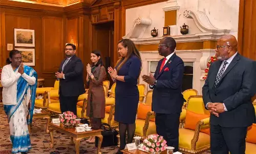 President Droupadi Murmu meets Dennis Francis, the President of the 78th session of the United Nations General Assembly (UNGA) at Rashtrapati Bhavan, in New Delhi on Wednesday