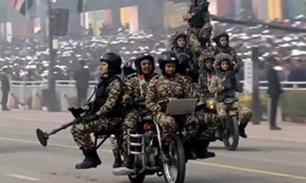 Women display motorcycle daredevil stunts at R-Day parade