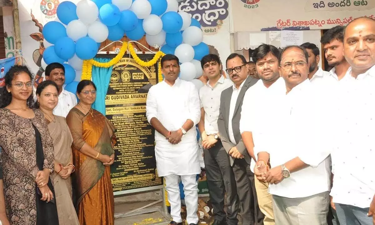 Anakapalli MP BV Satyavathi, IT Minister Gudivada Amarnath, District Collector Ravi Subhash Pattanshetti, Head of Project, NTPC Simhadri Sanjay Kumar Sinha at the foundation stone laying ceremony held in Anakapalli on Saturday