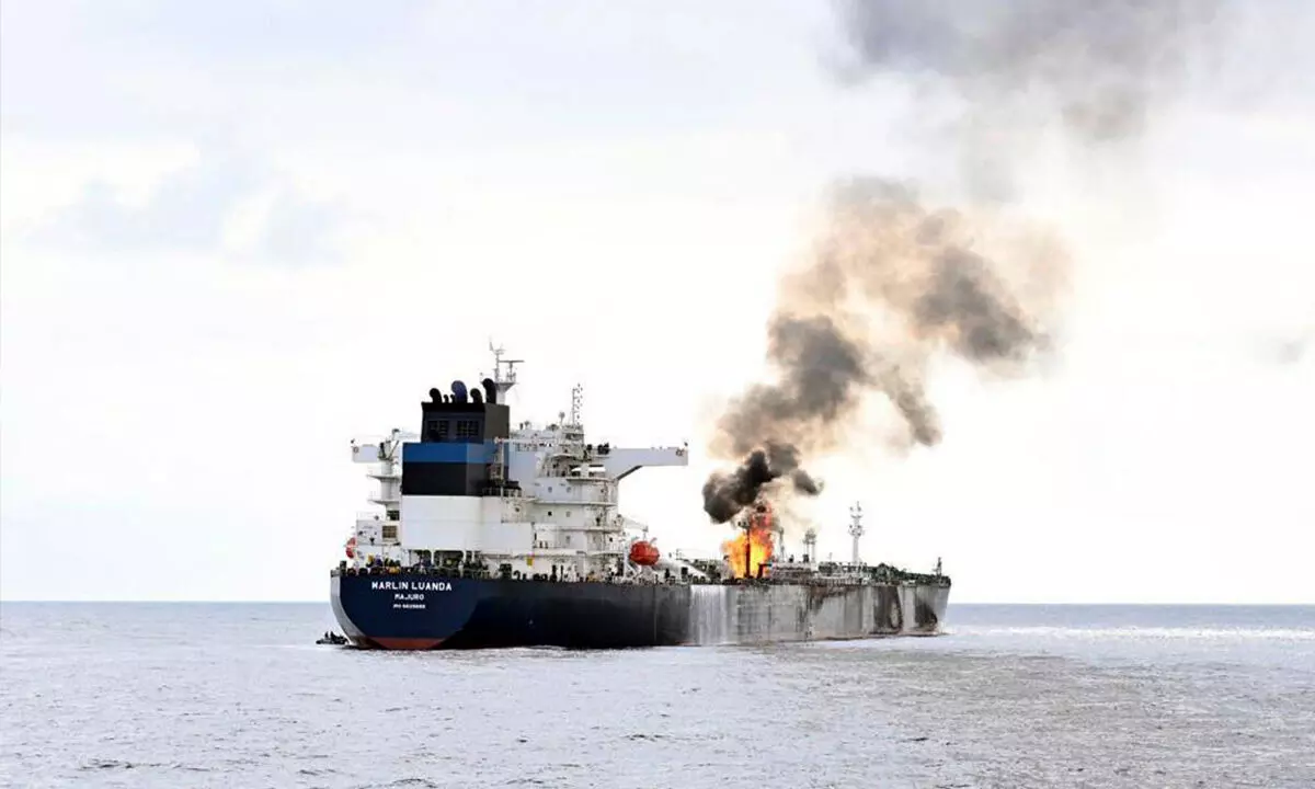 A view of the oil tanker Marlin Luanda on fire after an attack in the Red Sea