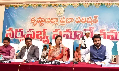 Krishna Zilla Parishad chairperson Uppala Harika addressing the general body meeting in Machilipatnam on Saturday