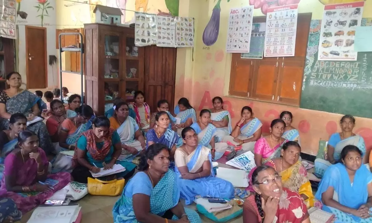 Anganwadi workers at an awareness programme at Model Anganwadi Centre in Kondayapalli on Monday