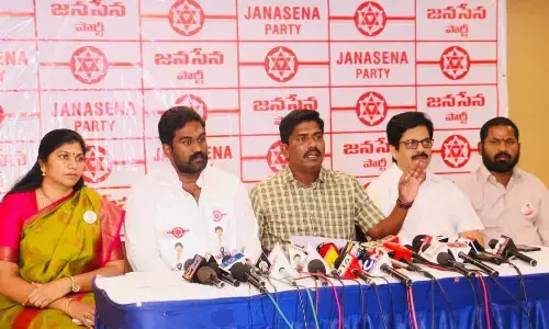JSP corporator P Murthy Yadav speaking to the media in Visakhapatnam on Monday