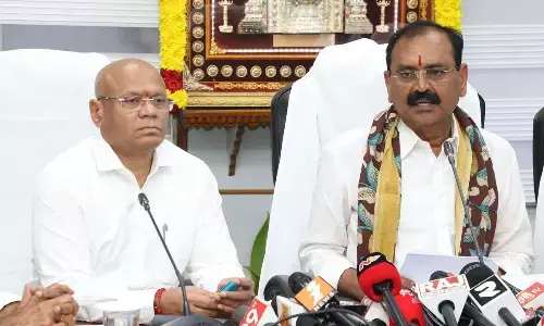 TTD chairman Bhumana Karunakar Reddy and EO AV Dharma Reddy addressing Trust Board meeting in Tirumala on Monday