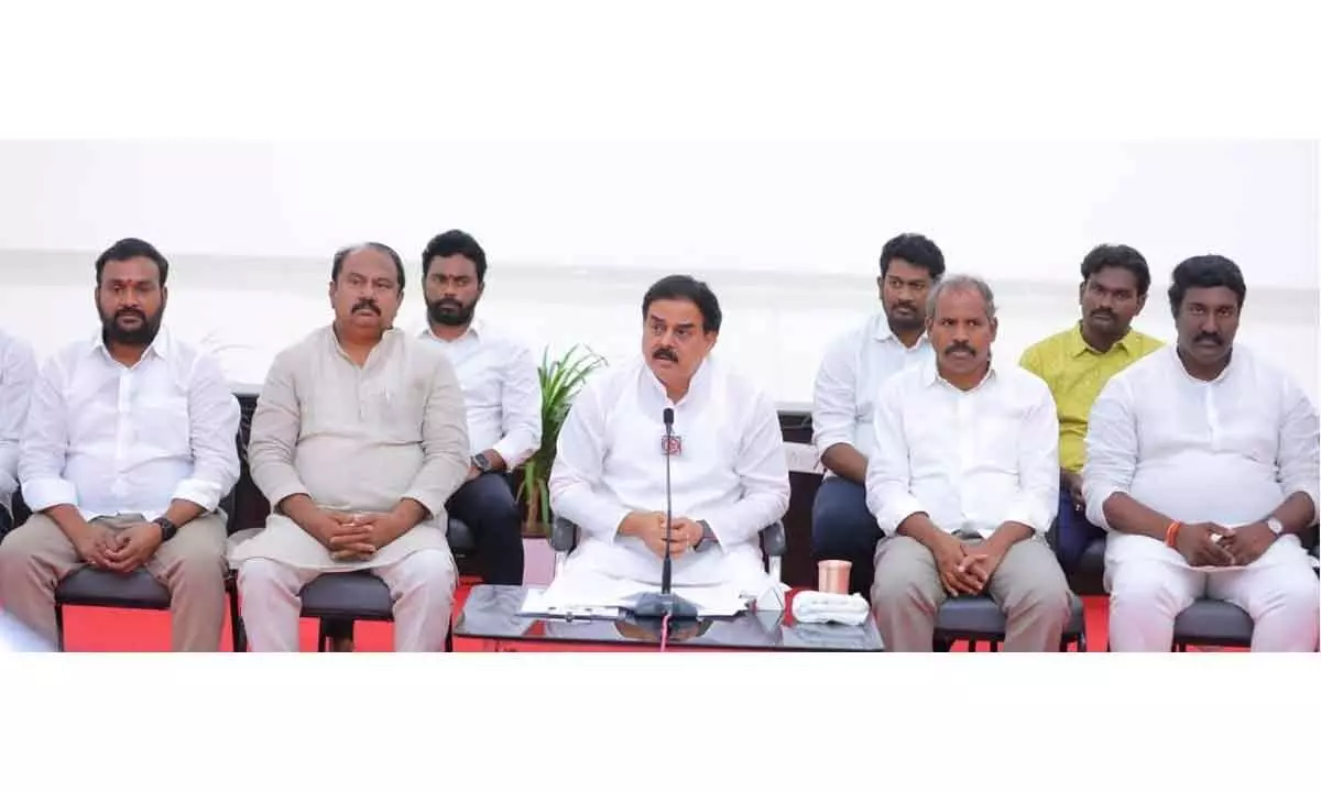 Jana Sena Party political affairs committee chairman Nadendla Manohar along with other party leaders addressing the media at party headquarters in Mangalagiri on Thursday