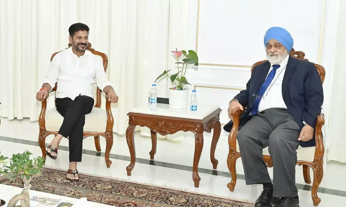 Chief Minister A Revanth Reddy meets with former chairman of the Planning Commission Montek Singh Ahluwalia in Hyderabad on Saturday