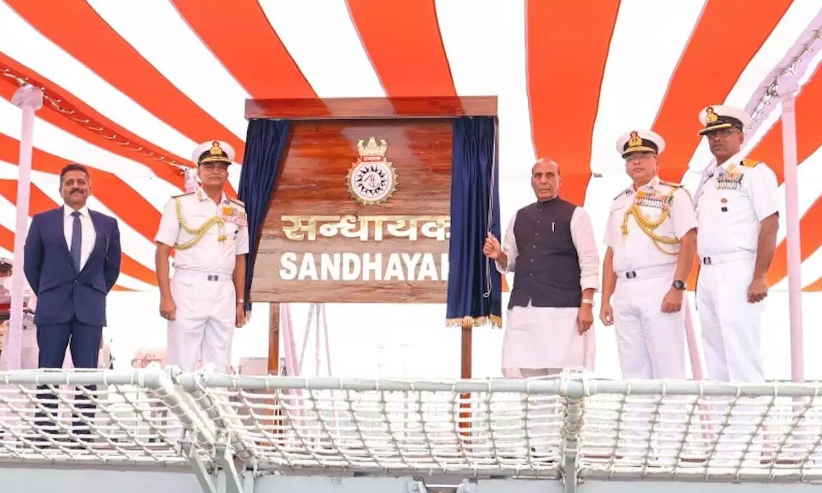 Defence Minister Rajnath Singh, Chief of the Naval Staff Admiral R Hari Kumar, among others, at the commissioning ceremony of INS Sandhayak held at Naval Dockyard in Visakhapatnam on Saturday