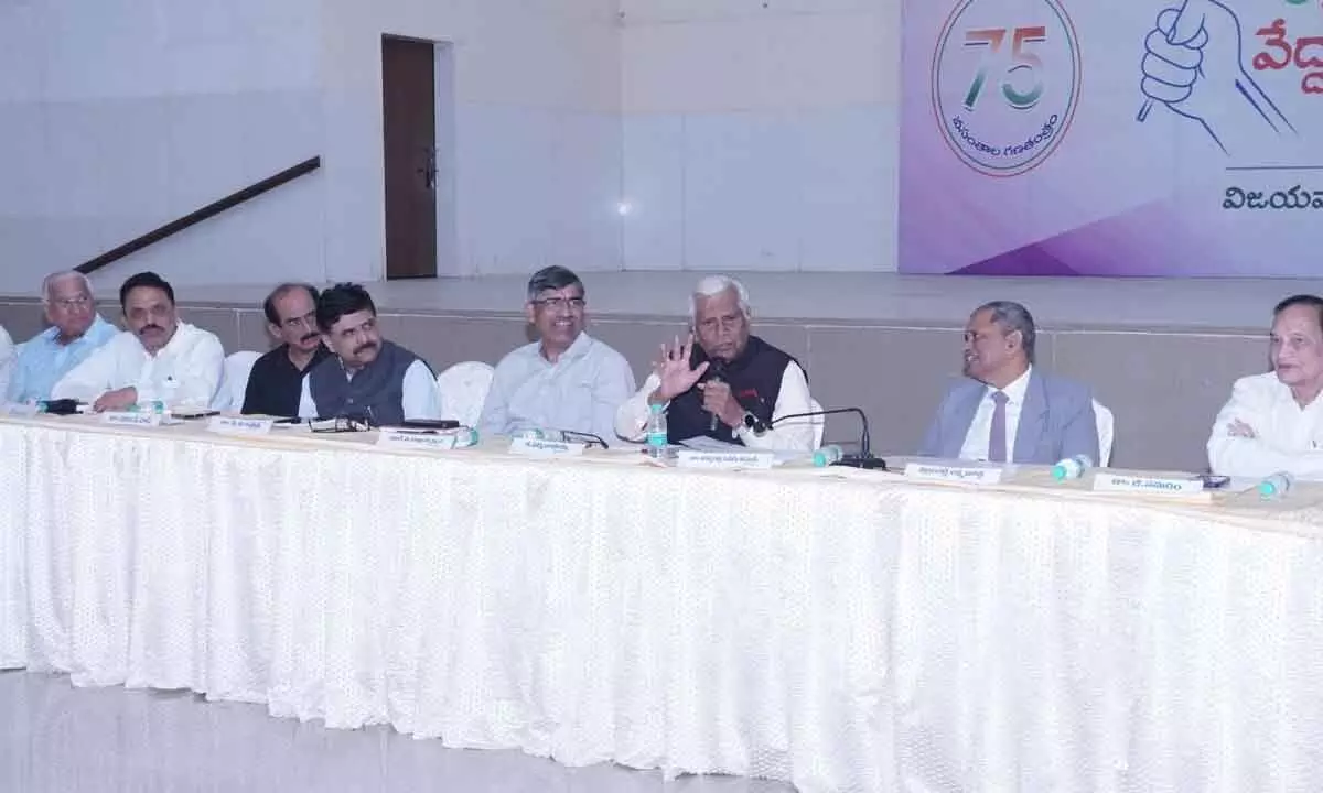 Former secretary of Union Home Ministry K Padmanabhaiah addressing  a conference organised by Citizens for Democracy in Vijayawada on Sunday