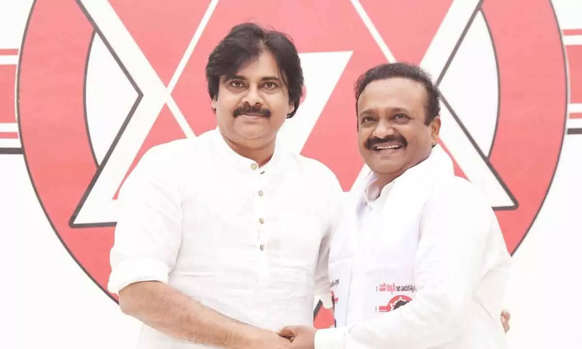 Machilipatnam MP V Balashouri with Jana Sena president Pawan Kalyan at the JSP office in Mangalagiri on Sunday