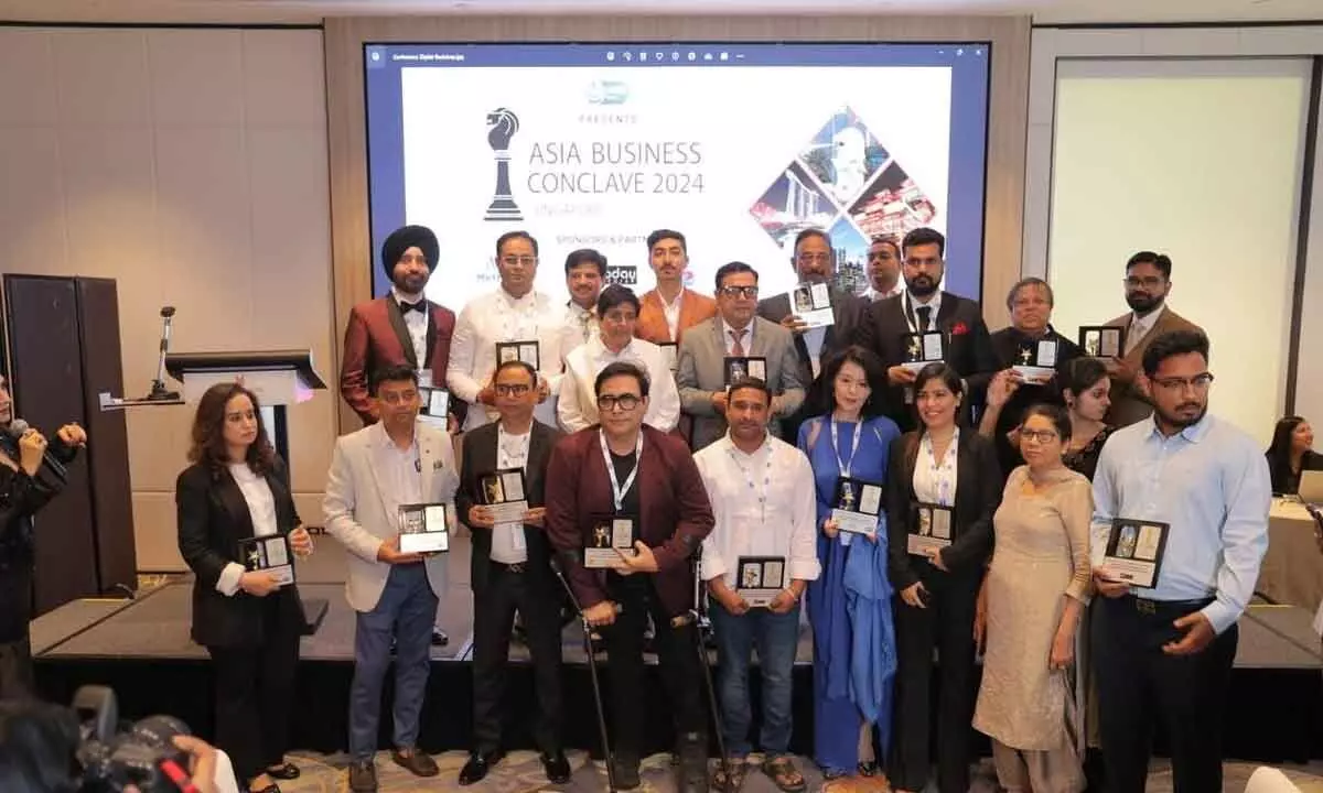 K Upendar Reddy, Chairman, the International School of Technology and Sciences (ISTS) for Women, along with the other award winners at the Asia Leaders Excellence Awards-2024 ceremony held in Singapore